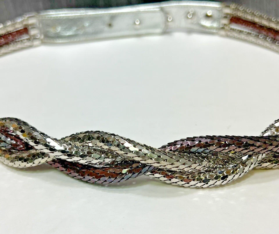 Cinturón De Colección WHITING & DAVIS Plata y Bronce Dos Tonos Trenzado Metal Cuero Malla Foto 2 de 4