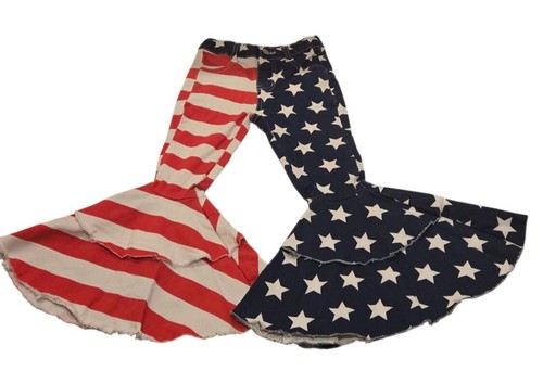 Girls American Flag 4th of July Distressed Denim Double Ruffle Bell Bottoms XL - Picture 14 of 17