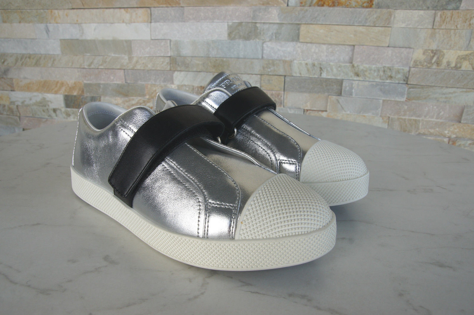 PRADA Size 36,5 Sneakers Loafers Slip-Ons Shoes 3E6274 Silver New Previously