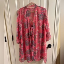 Josie Natori Sheer Pink Floral Robe Nightie Nightgown Pegnoir Set Size M