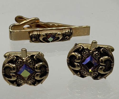 Vintage Swank Aurora Borealis Faceted Goldtone Cufflinks & Pin Bar Tie Clip Set