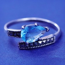 Size 7.75, Sterling silver handmade ring, 925 band teardrop topaz marcasite