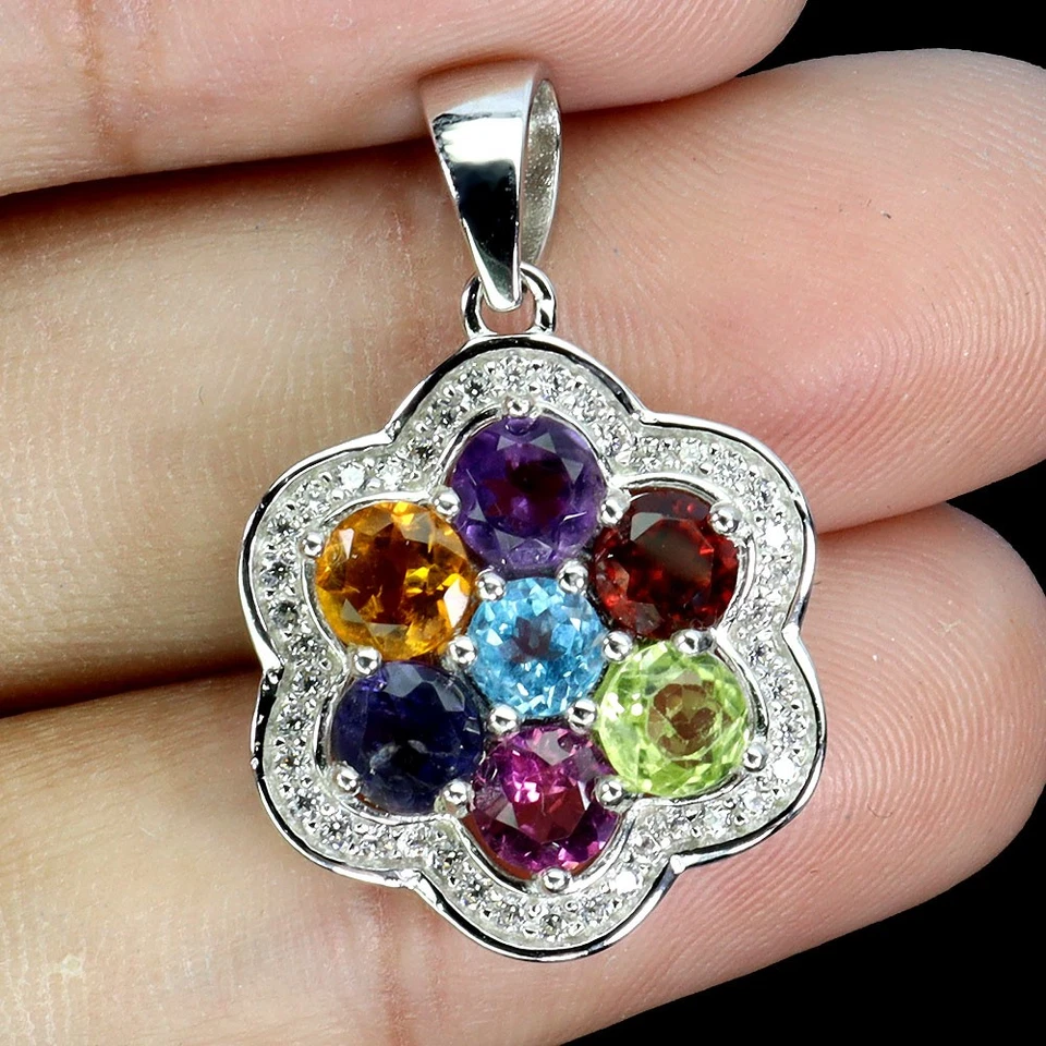 925 Pendente Argento Sterling Rotondo Ametista 4mm Citrino Iolite Peridoto Gemma - Immagine 2 di 4