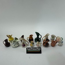 Vintage Lot of 16 Dollhouse Miniature Pitchers Wood Porcelain Pottery Souvenirs