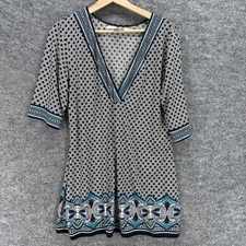 Max Studio Tunic Top Women XL White Geometric V-Neck Short Sleeve Pullover