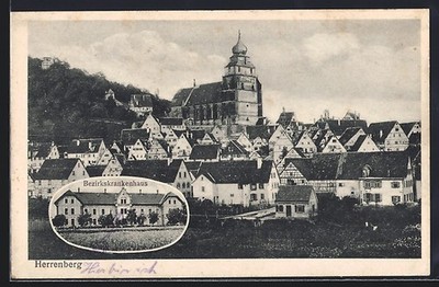 Herrenberg, Ortsansicht mit Bezirkskrankenhaus, Ansichtskarte 1917 