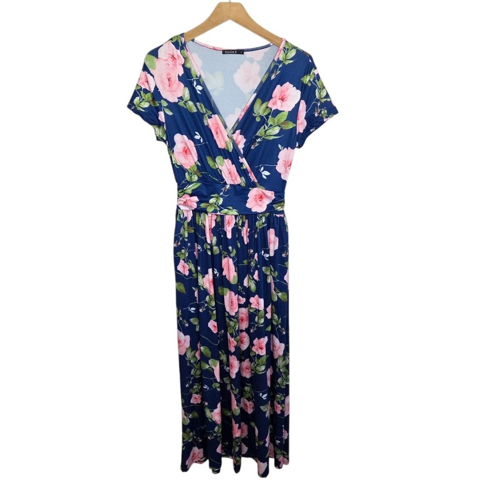 Ouges Navy Blue Pink Floral Surplice Crossover V-… - image 1