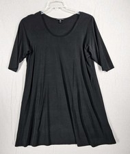 Eileen Fisher Sz Large Black 100% Silk Mini Swing Dress Elbow Sleeve 