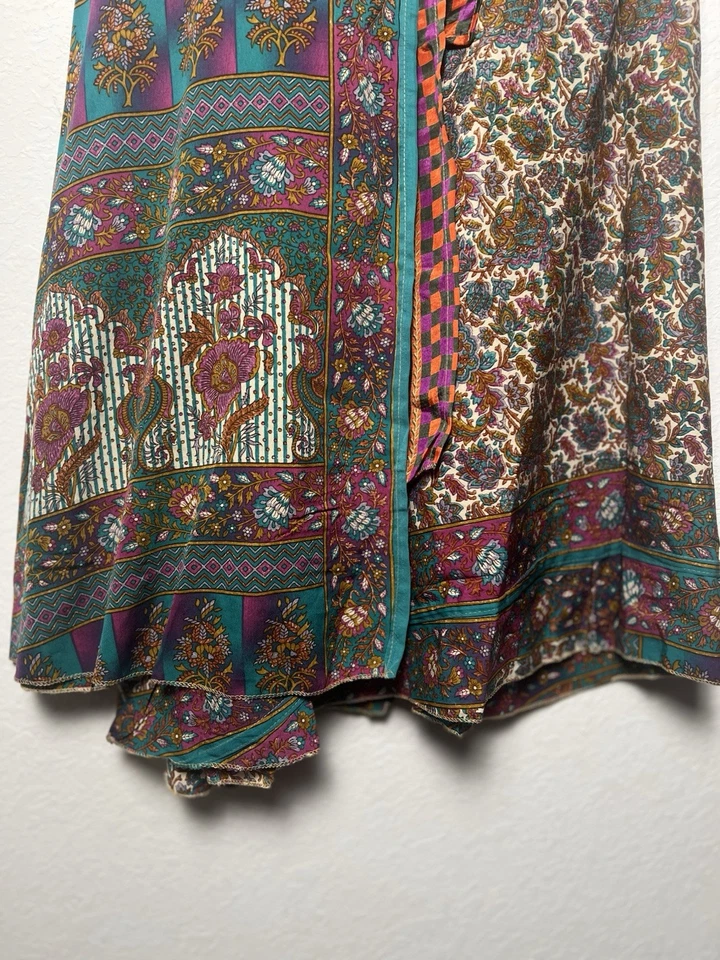 Recycled 100% Silk Long Maxi Wrap Skirt Free Size Floral Patchwork Gypsy Boho - Image 4 of 4
