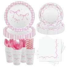 MEHOFOND 216 Pcs Coquette Disposable Paper Dinnerware Set, Pink Bow Party Tab...