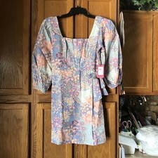 Vince Camuto Women’s Blue Square Neck Floral Linen Cotton Sheath Dress Size 6