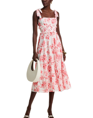 #ad Aqua Women#x27;s Coral White Floral Tie Strap MIDI Dress XS $59.00