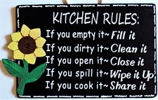 SUNFLOWER KITCHEN RULES SIGN Wall Art Hanger Hanging Plaque Home Wood Decor