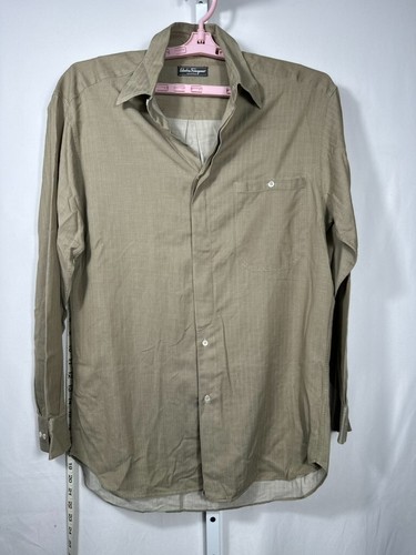 Salvatore Ferragamo Button Down Dress Shirt Men's L Dark Green Vertical Striped