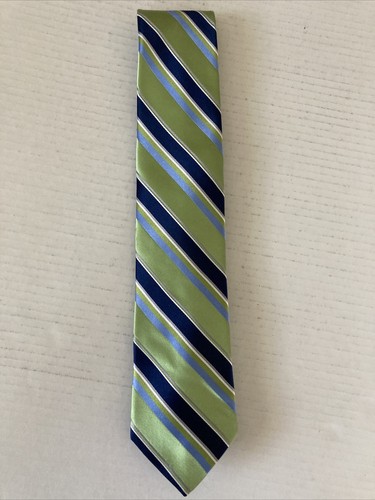 Isaac Mizrahi New York Men's Necktie Tie Silk Green Blue White Gray Stripe - Picture 2 of 6