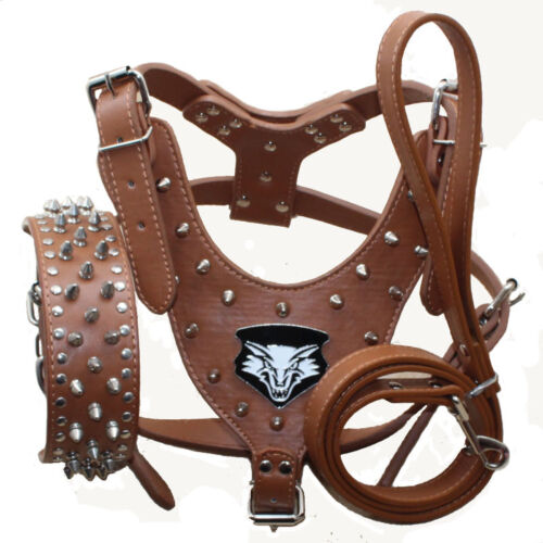 7 Colors Leather Spiked Studded Dog Harness Collar Leash set Pit Bull Terrier - Afbeelding 1 van 14