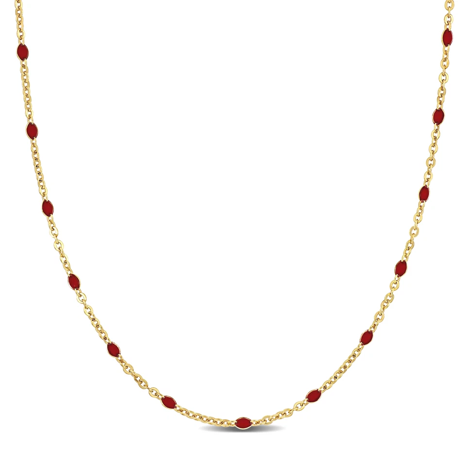 Amour Yellow Plated Sterling Silver 2.1mm Red Enamel Station Necklace - 18+1 in.