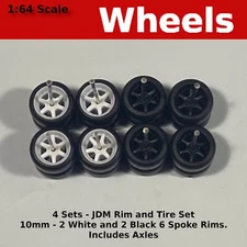 4 Sets-10mm/10mm JDM White and Black rims 6 spoke rubber tire sets. for Hot Whee