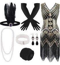 1920S V Neck Sequin Beaded Fringed Dress with 20S Accessories Set(Size Small)
