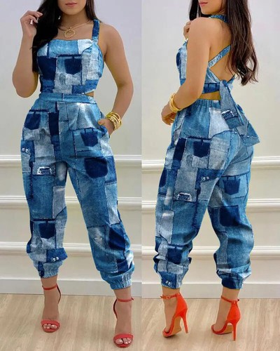 Woman Jumpsuits Elegant 2022 Jumpsuits Sexy V-neck Sleeveless Printed Jumpsuit - Picture 15 of 77