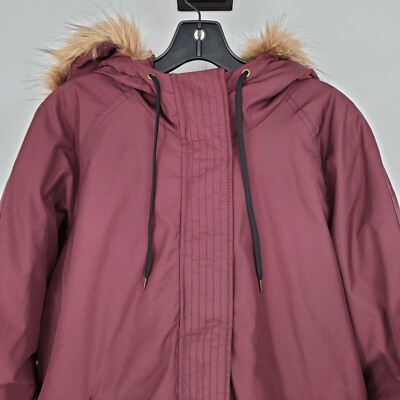 Old Navy Parka Jacket Womens Large Burgundy Fur Trim Hood Full Zip