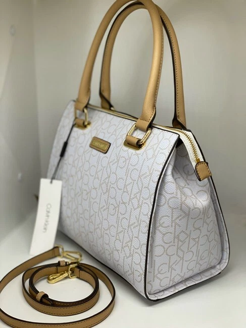 CALVIN KLEIN Womens CK Signature Satchel Bag Purse White Vanilla Beige Gold  Logo | eBay