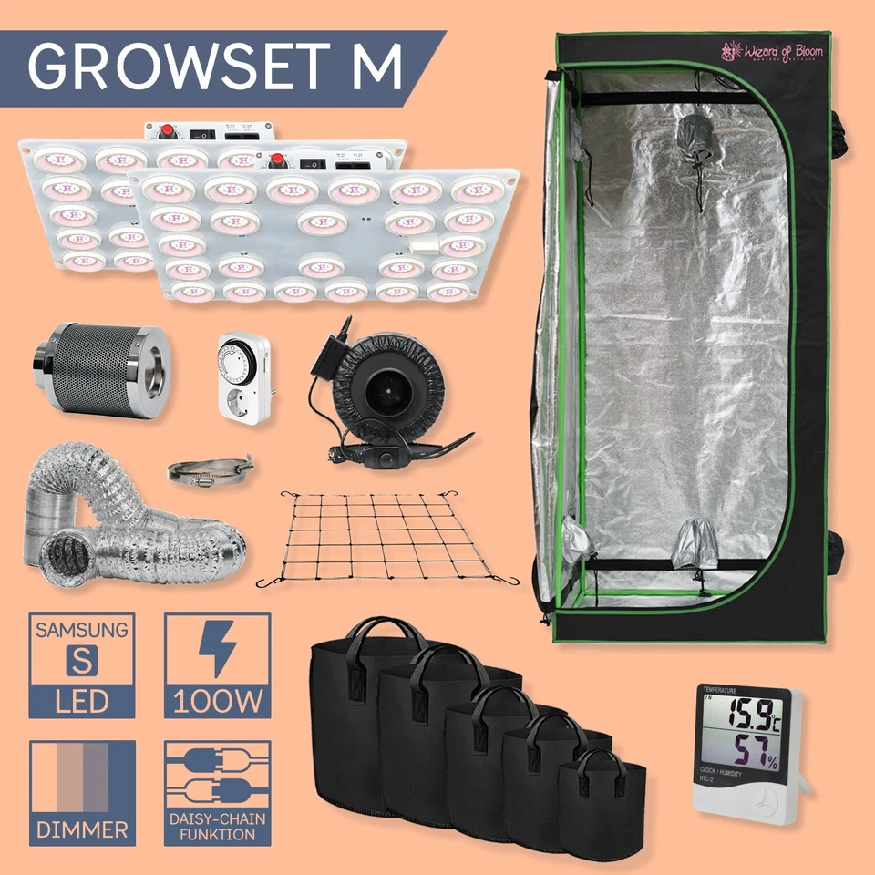 200W Vollspektrum LED Growbox – Komplett Grow-Set mit Abluft & Filter Indoor 25