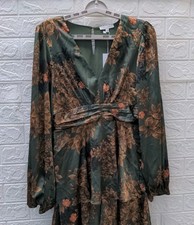 New Baltic Born Montrouge Tiered Satin Dress Olive Floral Size M