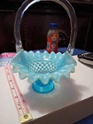 VTG Blue Fenton Opalescent Hobnail Ruffled Edge Small Basket 6"H