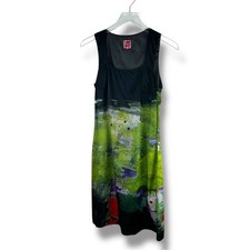 Aventures des Toiles Silk Blend Abstract Art Print Sleeveless Dress Black Green