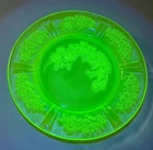 Cabbage Rose Uranium Glass Depression Green Plate Glows Sharon Federal Glass Co