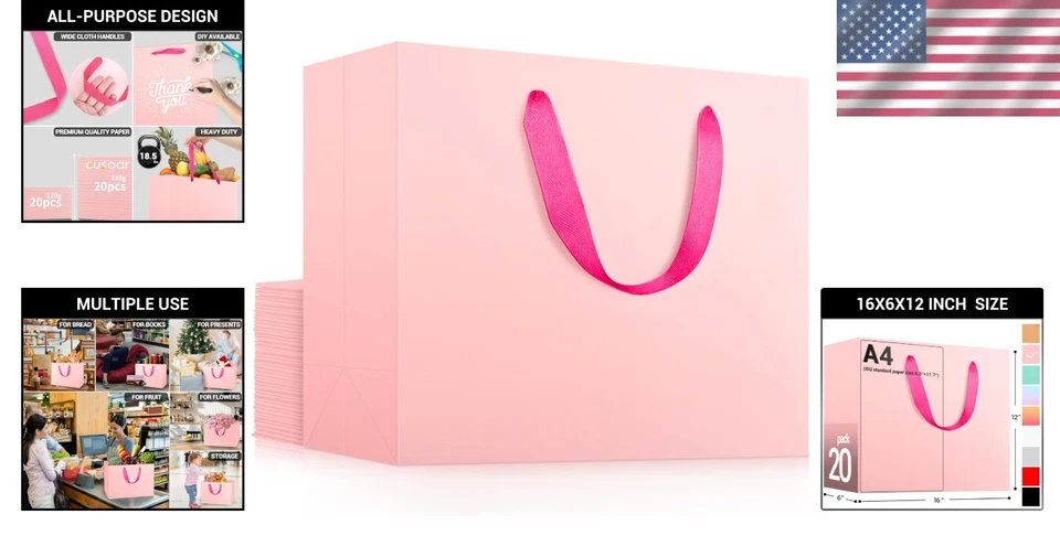 Paquete de 20 bolsas boutique rosadas, bolsas extra grandes 16x6x12 al por menor Foto 2 de 4