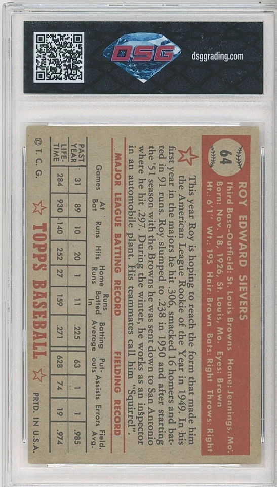 1952 Topps ROY SIEVERS #64 💎 DSG 5 EX - Image 2 of 2