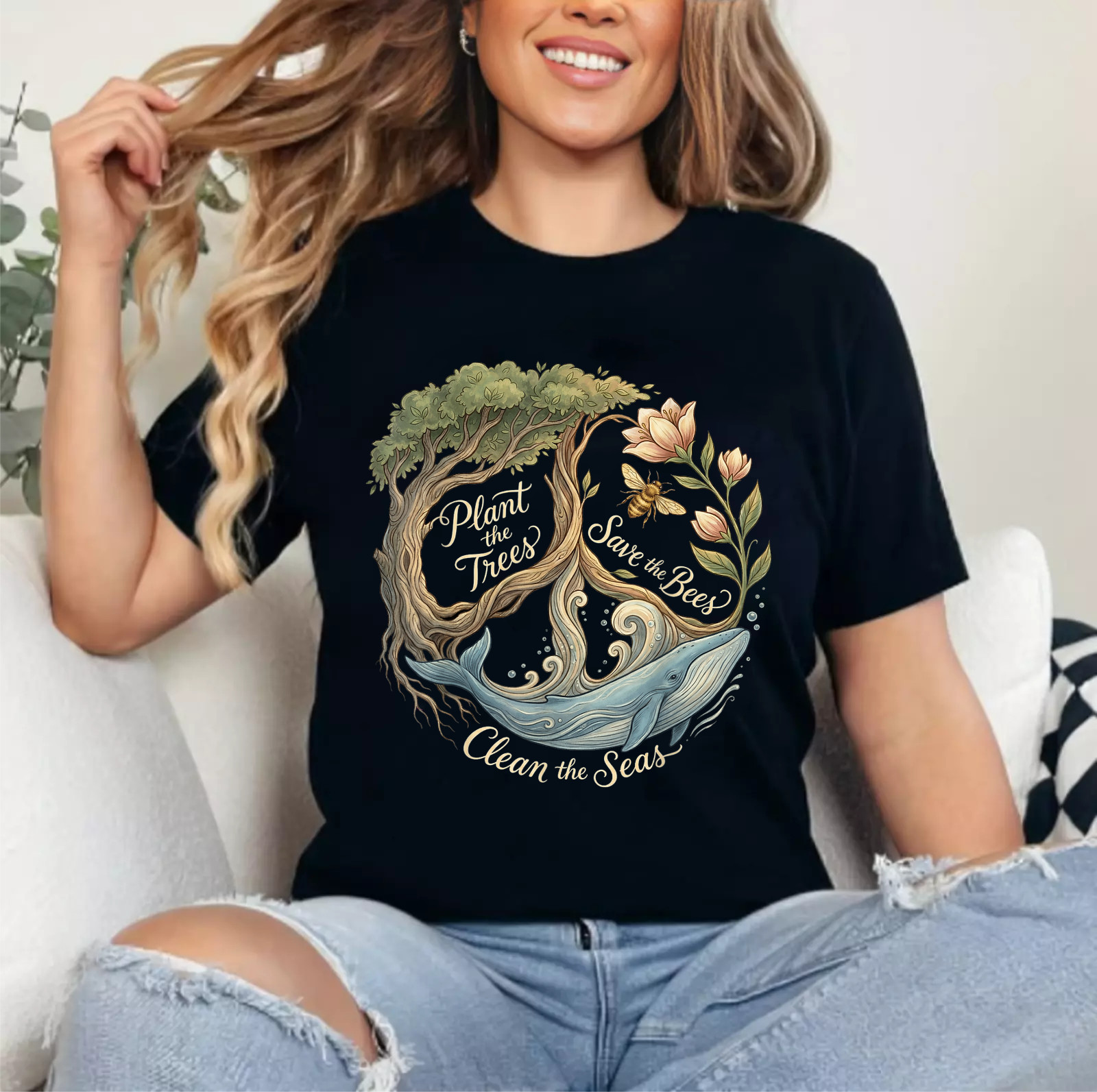 Plant The Trees Save The Bees Peace Sign Earth Day T-Shirt