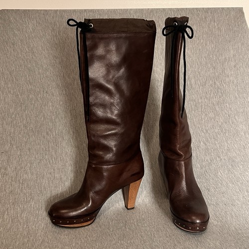 Marni Leather Tall Knee High Boots Drawstring High Heel Womens Size EU 37 Brown