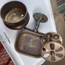 Vtg Brass Bathroom Wall-Mounted 3pc Set Soap Dish, Tumbler, Toothbrush Holder