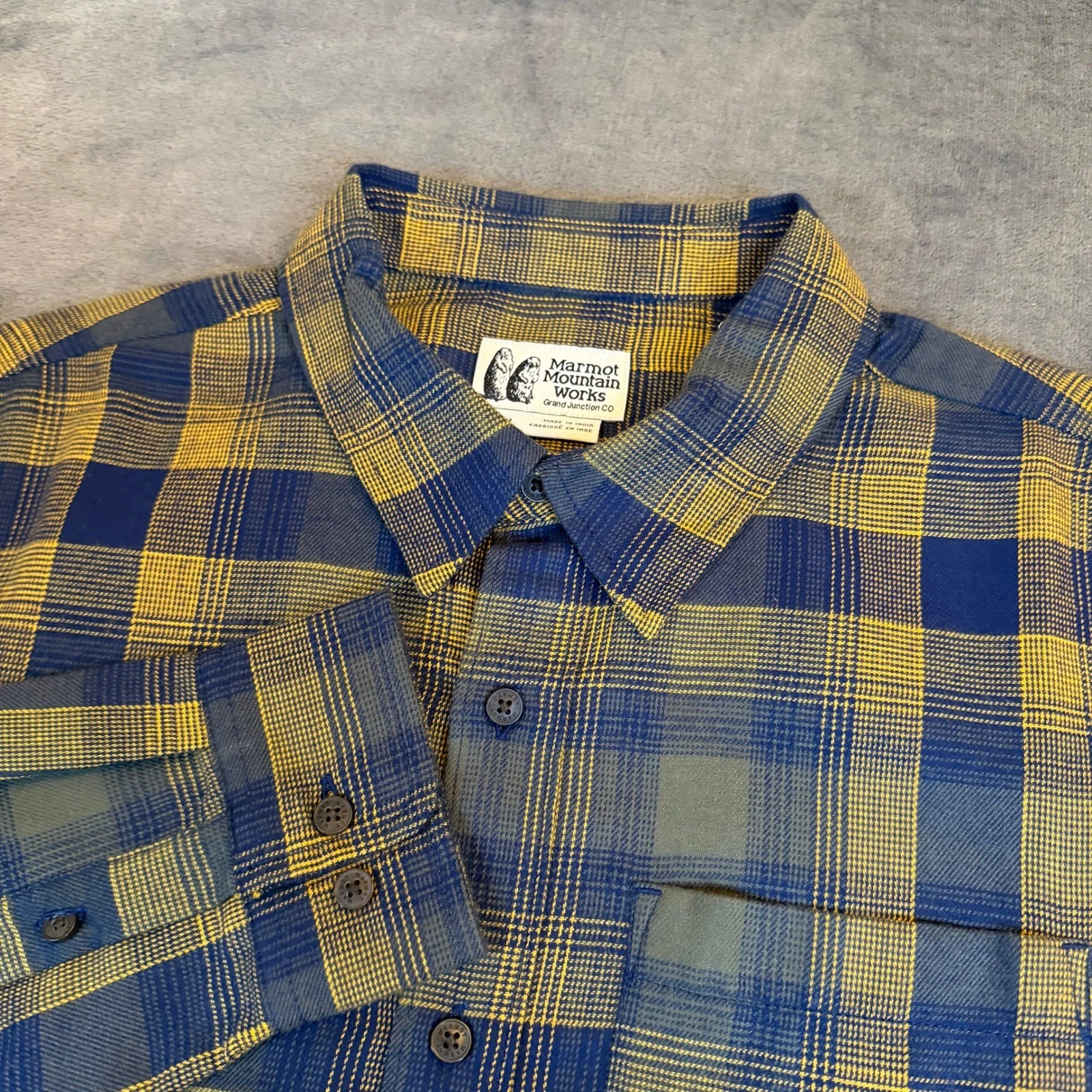 Marmot Fairfax Novelty Lightweight Flannel Shirt Blue Yellow Mens Medium NWT