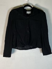 Vintage 90s Kasper Black Cropped Zip Blazer Shoulder Pad Petite 12P Officecore
