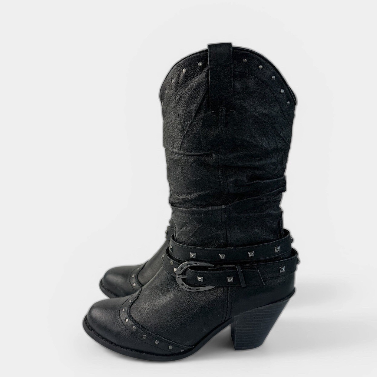 Dingo Womens 7M Boots Black Leather Nyna Slouch Heel Buckle Cowgirl DI 915