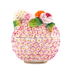 German Carl Thieme Dresden Porcelain Box of Pink Blossom Flower Blue Mark 19th C