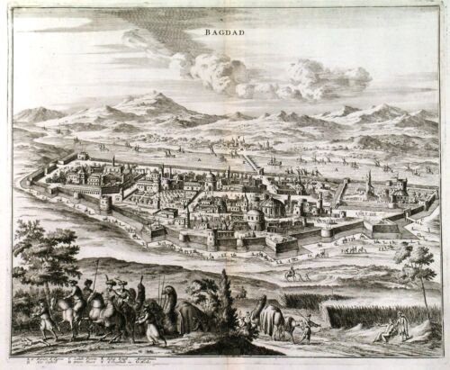 BAGHDAD. Genuine antique view with camels and horses by van der Aa, publ. 1729 - Picture 1 of 1