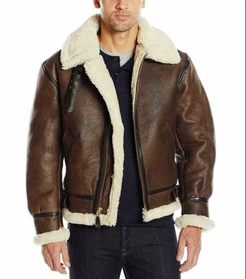 Brown RAF Aviator Men's B3 Sheepskin Real Shearling Leather Flight Bomber Jacket