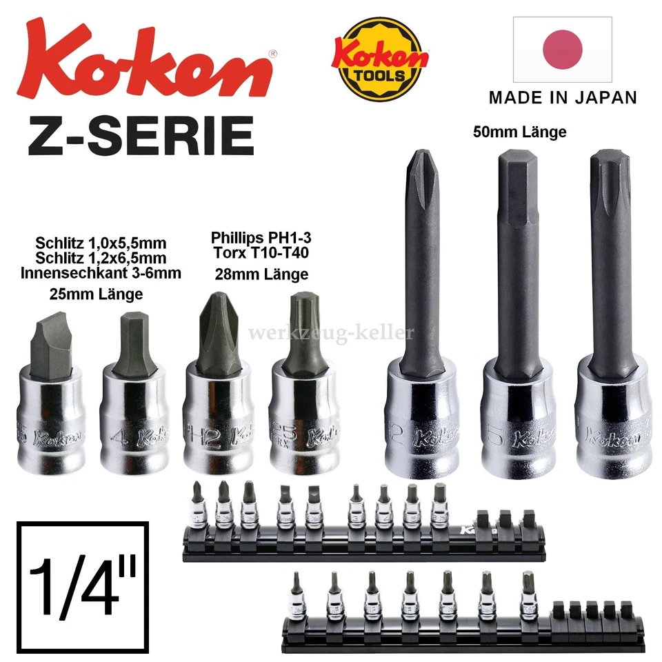 KOKEN | KO-KEN Koken Zeal Z-Serie 1/4" Einsätze | SL|PH1-3|Hex3-6|Torx T10-40 | 25/28mm & 50mm