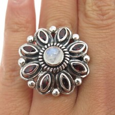 925 Sterling Silver Vintage Real Moonstone Red Garnet Gem Floral Ring Size 6.25