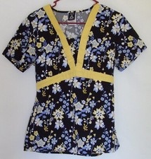 Nurse Scrub Cherokee Studio Size Small Black W/ Blue Floral Yellow Sash Pullover