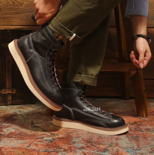 Botines de cuero real para hombre ropa de trabajo punta redonda carga parte superior alta zapatos de tabla nuevos - Imagen 8 de 13