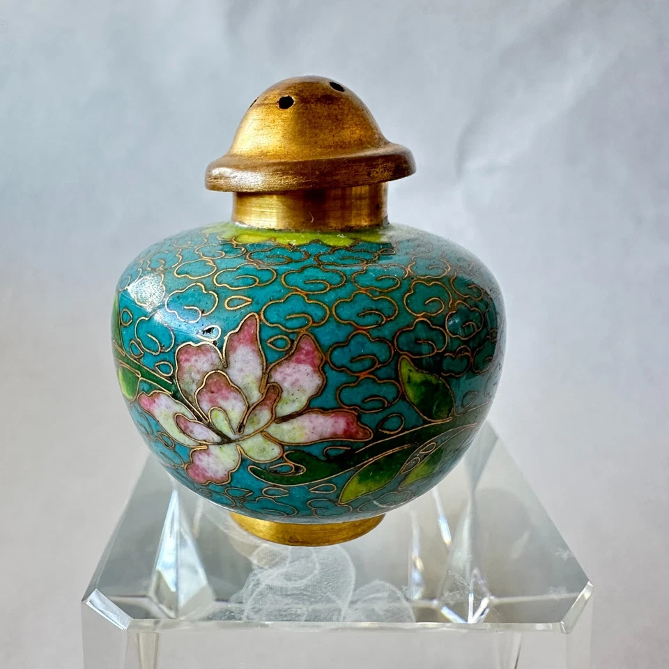 Salero y pimentero Cloisonné vintage con tapa de latón, años 60 chinos Foto 3 de 4