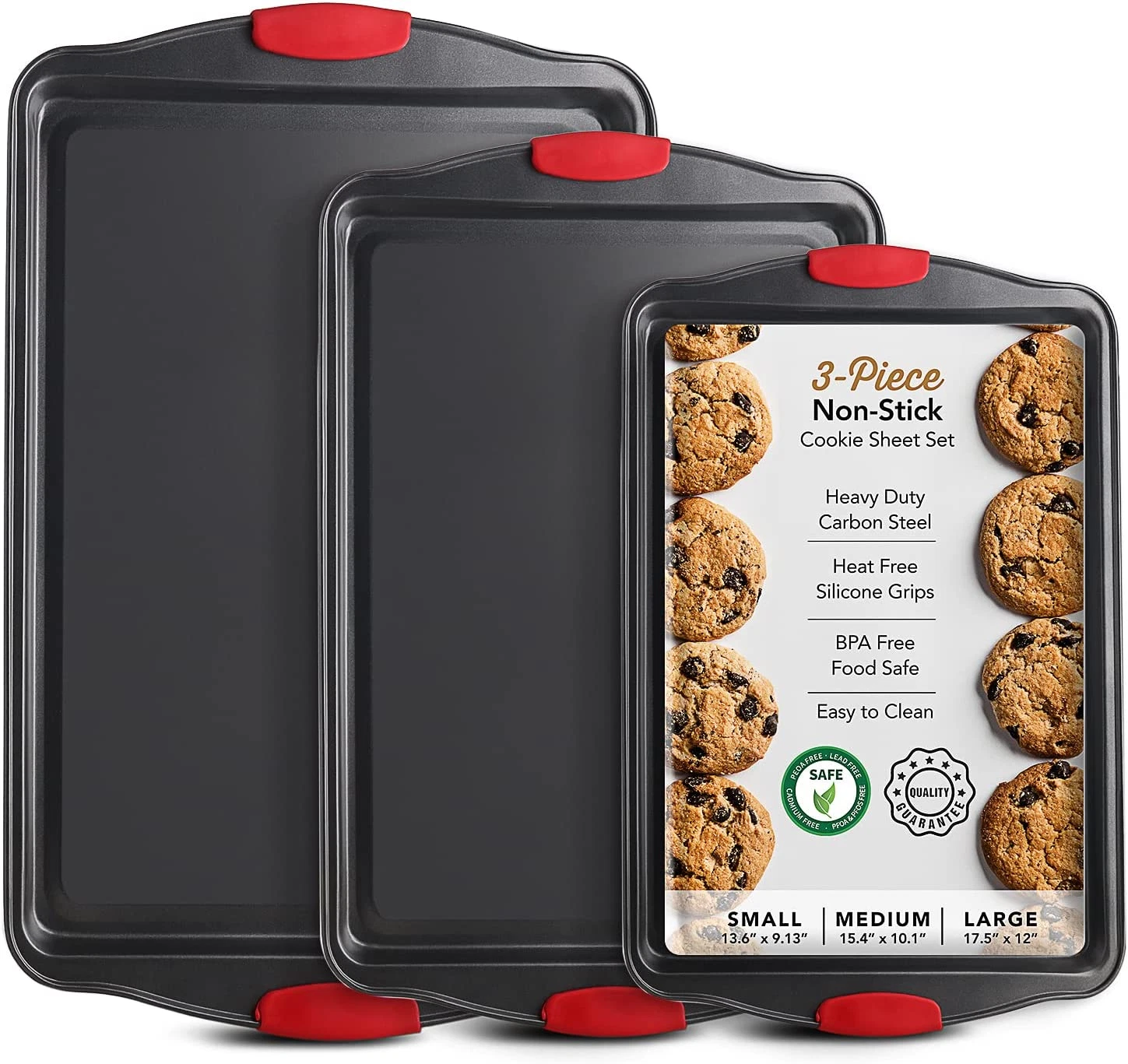 Baking Sheet Set, 3-Piece Cookie Sheet Set with Silicone Handles, Steel Baking P