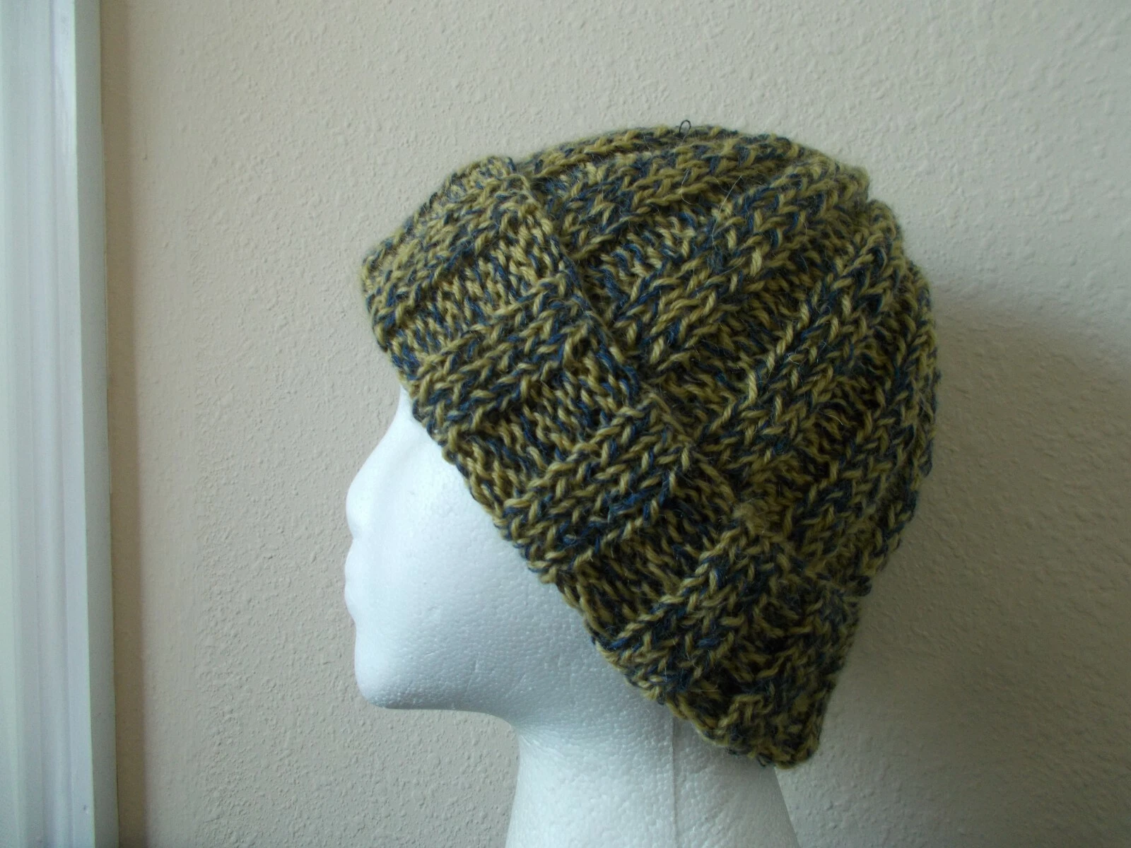 Hand knitted cozy and warn wool blend beanie/hat, mustard green + blue twist