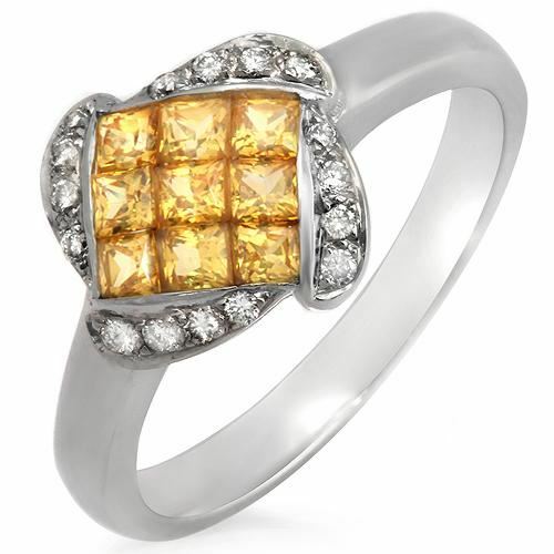 Ring 0,12 ct runde Diamanten & 1,02 gelber Saphir 18 K Weißgold Blume - Bild 1 von 5